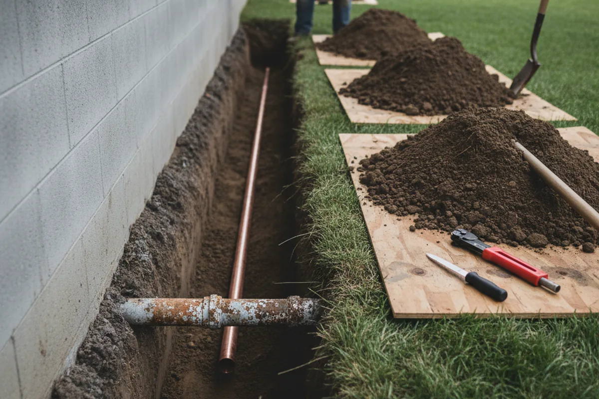Excavated water line trench during Water Softener Installation in Center City